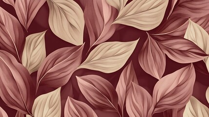 Canvas Print - Seamless pattern of beige and burgundy leaves on dark background.