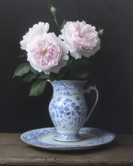 Wall Mural - A delicate vase with pink roses on a decorative plate against a dark background.