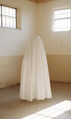 Wall Mural - A figure draped in white stands in an empty, softly lit room.