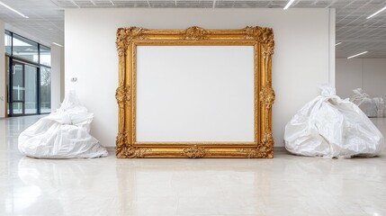 Wall Mural - Large ornate gold frame on white wall with covered sculptures.