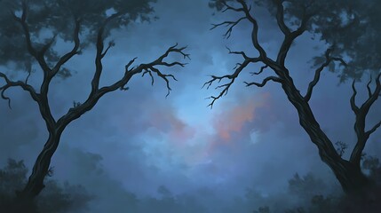 Poster - A moody forest scene with dark trees against a cloudy sky.