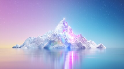 Canvas Print - Glowing iridescent iceberg in calm water under pastel sky.