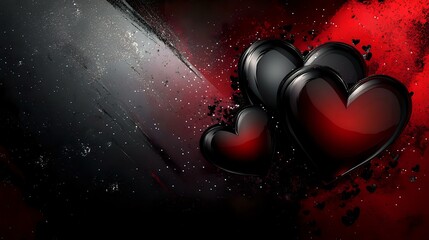 Wall Mural - Bold red and black Valentine abstract background with metallic textures, glossy hearts and glittering highlights for a dramatic love-inspired effect