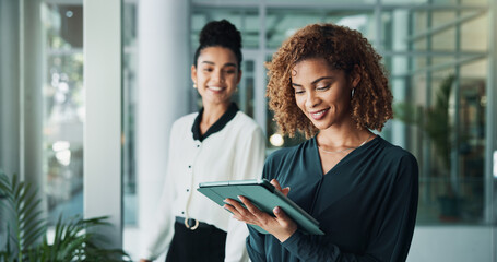 Wall Mural - People, happy and tablet in office for business, positive review and article collaboration on web. Journalist team, tech and smile in agency for planning, news and research for publishing opportunity