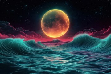 cosmic scene shows glowing teal, magenta waves under large glowing moon in starry night sky. futuris