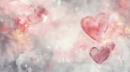 Wall Mural - Dusky pink and gray Valentine background with watercolor hearts, glowing embers and soft, muted tones evoking tender affection