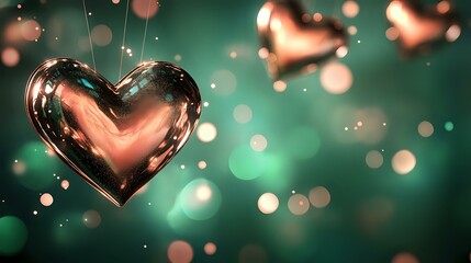 Wall Mural - Elegant emerald and rose gold Valentine theme with shimmering metallic heart accents, glowing highlights and soft gradients for luxury