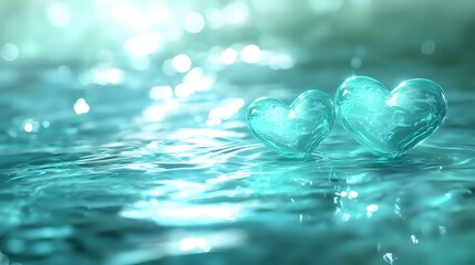 Wall Mural - mystic teal and aquamarine valentine design with glowing water-inspired hearts, soft ripples and gli