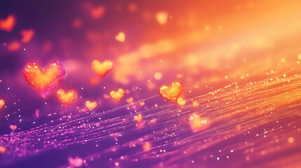 Wall Mural - radiant orange and purple valentine theme with fiery glowing hearts, dynamic streaks of light and a 
