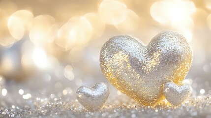 Wall Mural - Radiant golden and white Valentine abstract with glittering heart confetti, glowing bokeh and a luxurious romantic tone