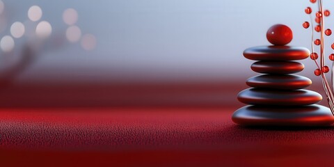 Poster - A serene arrangement of stacked stones on a red surface, symbolizing balance.