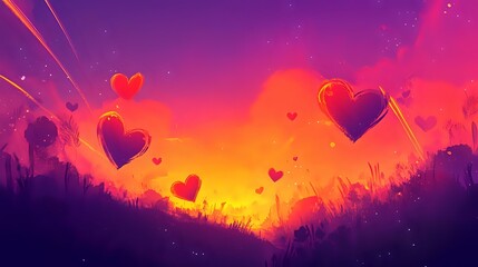 Wall Mural - Sunset-inspired Valentine background with fiery orange and purple gradients, glowing heart silhouettes and streaks of light for an emotional romantic scene
