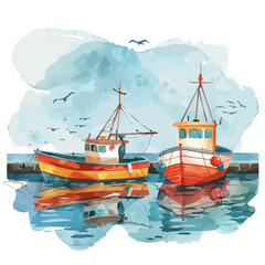 Sticker - A watercolor vector of a sunny harbor with fishing boats docked, isolated on a white background. Harbor vector.
