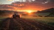 © Stepan - Tractor plowing field at sunset with horses grazing in the background
