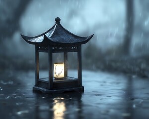 Poster - A serene lantern illuminating a rainy path in a tranquil, misty environment.