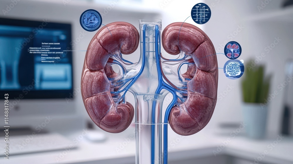 Diagram of kidney functions, with labels highlighting filtration and ...