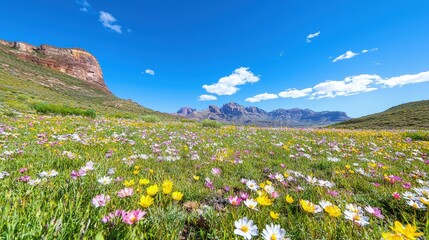 Wall Mural - Vibrant wildflowers bloom in a sunny mountain valley.