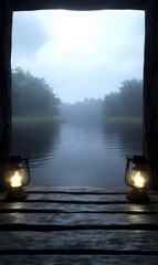 Poster - A serene view of a misty lake framed by lanterns and trees.