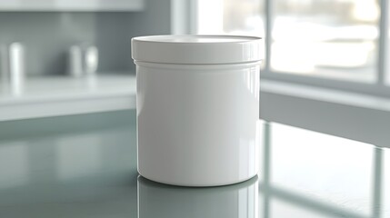 Canvas Print - White cylindrical container sits on a glass surface