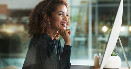 Wall Mural - Woman thinking, computer and office at night, accountant online and monitor economy growth. Female person, professional and ideas for finance in workplace, review budget and website for insight