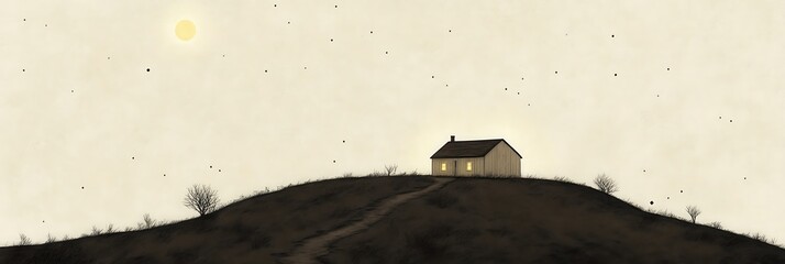 Poster - A solitary house on a hill under a starry sky with a glowing light.