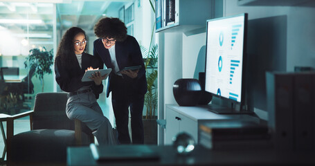 Poster - Office, business people and tablet for networking, internet research and sales graph. Overtime, man and corporate woman for online project management, reading email and night planning at agency