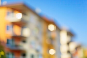 Wall Mural - Blured photo of a city building or multi-storey apartment with a blue sky 