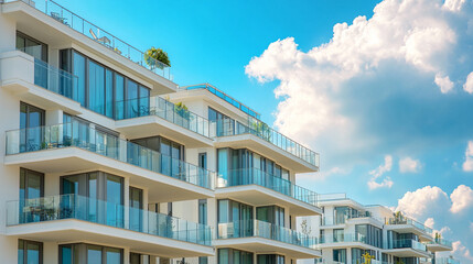 Detail of modern residential apartment flat building exterior showcasing a luxury home complex with sleek design and city real estate. A fragment of upscale architecture with blue sky and copy space