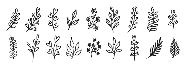 Wall Mural - Cute leaf modern doodle hand drawn icon set. Outline drawing cute leaf modern line clipart symbol collection