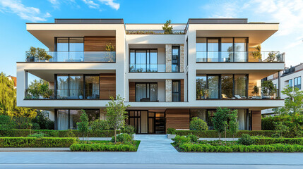 Wall Mural - Detail of modern residential apartment flat building exterior showcasing a luxury home complex with sleek design and city real estate. A fragment of upscale architecture with blue sky and copy space