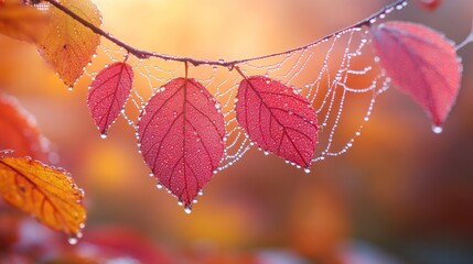 Wall Mural - A close-up of colorful leaves adorned with dew drops and delicate spiderwebs in soft light.