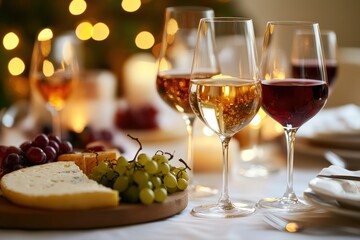 Aufkleber - Elegant table setting with wine glasses and cheese platter surrounded by grapes for a festive gathering. Generative AI