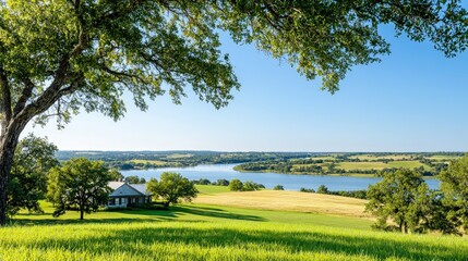 Sticker - Serene lakeside house nestled in a picturesque rural landscape.