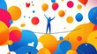 © Sumet - Colorful illustration of a person balancing on a tightrope while holding balloons surrounded by vivid circles, representing balance and joy in life