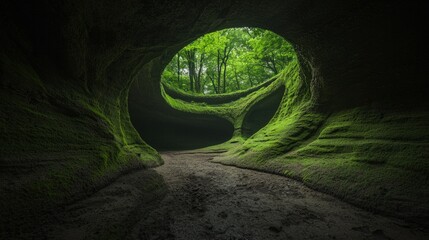 Sticker - Mossy cave interior with light streaming through an opening revealing lush green forest.