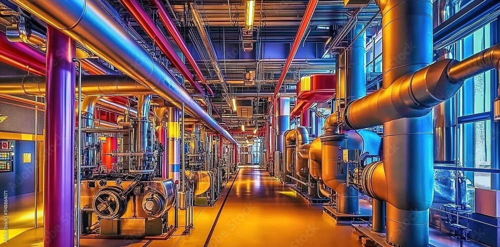A photo of the interior of an industrial plant, showing large pipes and ...