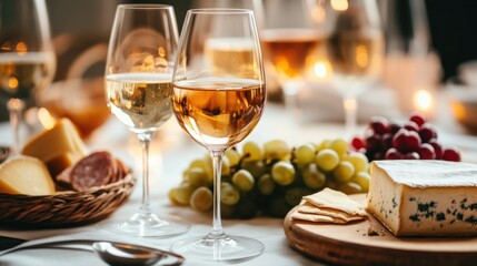 Poster - Elegant dining setting with wine glasses, cheese platter, and grapes on a white tablecloth. Generative AI