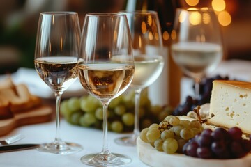 Poster - Elegant table setting with wine glasses and cheese platter for a cozy gathering at dusk. Generative AI