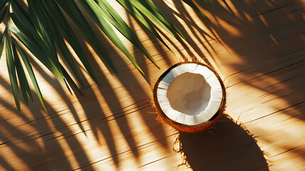 A single halved coconut shell resting on a frond of palm leaves with long shadows cast upon a wooden surface. Frond. Illustration