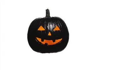 Canvas Print - Black Halloween pumpkin with carved face and glowing eyes isolated on white.