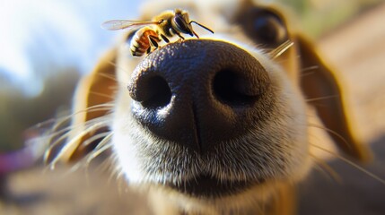 Dog curiously observes bee up close in natural setting