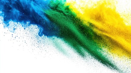 Sticker - colorful brazilian flag green yellow blue color holi paint powder explosion on isolated white background. brazil rio de janeiro carnival qatar and celebration soccer fans travel tourism concept 