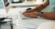 © peopleimages.com - Hands, person or accountant with computer for finance management, business or budget review. Financial, research or profit report on technology for audit deadline, accounting or typing on keyboard