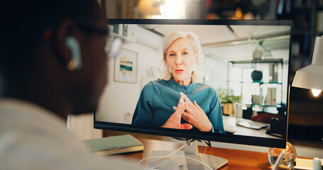 Poster - Woman, computer and video call on screen for virtual meeting, webinar or consulting in remote work. Advisor, mentorship or consultant talking online for coaching, networking or communication in home