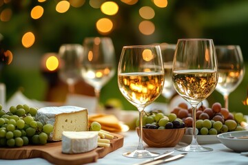 Aufkleber - Elegant outdoor dining setup featuring wine glasses and a gourmet cheese platter with fruits during an evening gathering. Generative AI