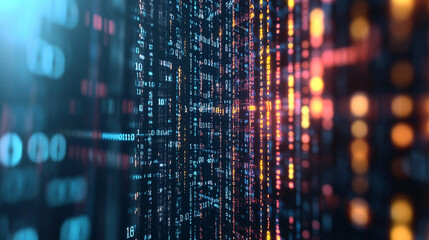 3D rendering of a vibrant digital binary code matrix, symbolizing the connectivity, complexity, and data flood of the modern digital era. The blurred colorful design evokes digital chaos and innovatio