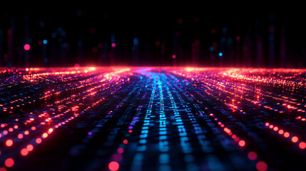 3D rendering of a vibrant digital binary code matrix, symbolizing the connectivity, complexity, and data flood of the modern digital era. The blurred colorful design evokes digital chaos and innovatio