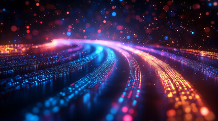 3D rendering of a vibrant digital binary code matrix, symbolizing the connectivity, complexity, and data flood of the modern digital era. The blurred colorful design evokes digital chaos and innovatio