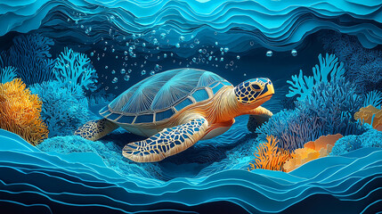 Papercut Underwater Scene with Turtle and Vibrant Coral Reefs