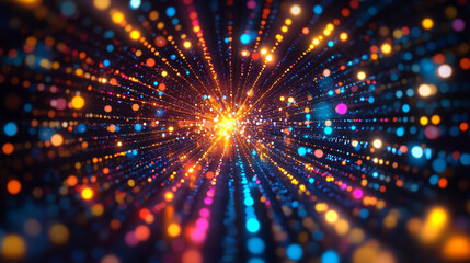 3D rendering of a vibrant digital binary code matrix, symbolizing the connectivity, complexity, and data flood of the modern digital era. The blurred colorful design evokes digital chaos and innovatio